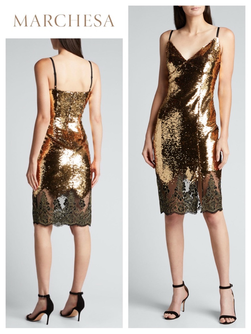 MARCHESA NOTTE Sequin V-Neck Lace-Hem Slip Dress